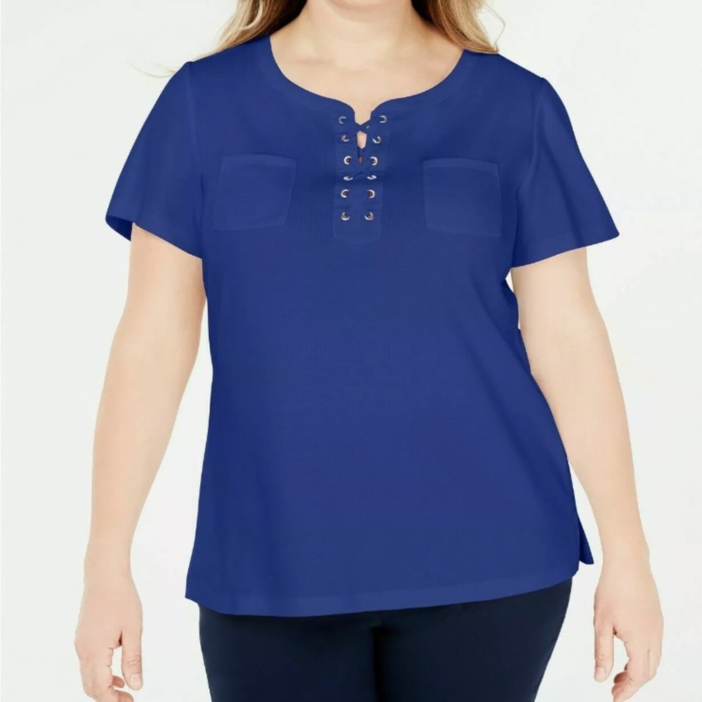 Karen Scott Plus Lace Up Scoop Short Sleeve Top 0X